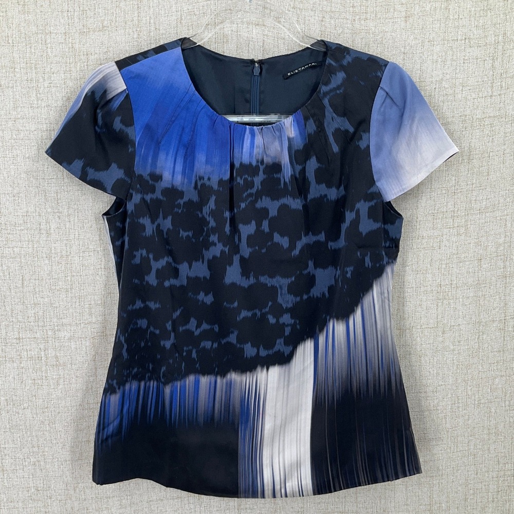 Elie Tahari Blouse Women S Blue Silk Blend Abstract Short Sleeve Designer Luxury